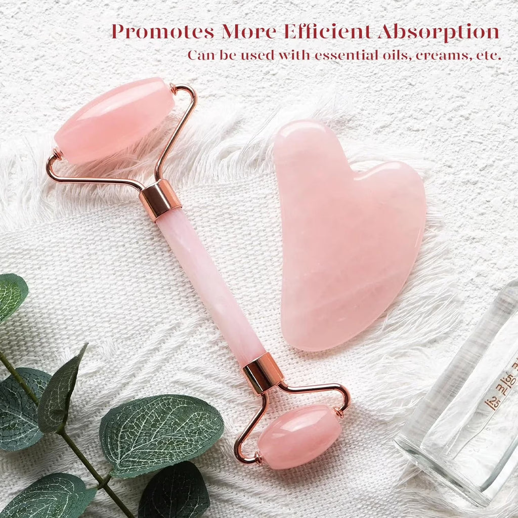 Jade Roller & Gua Sha Set – Rose Quartz Facial Massager for Reducing Redness, Fine Lines & Wrinkles, Perfect Self-Care Gift