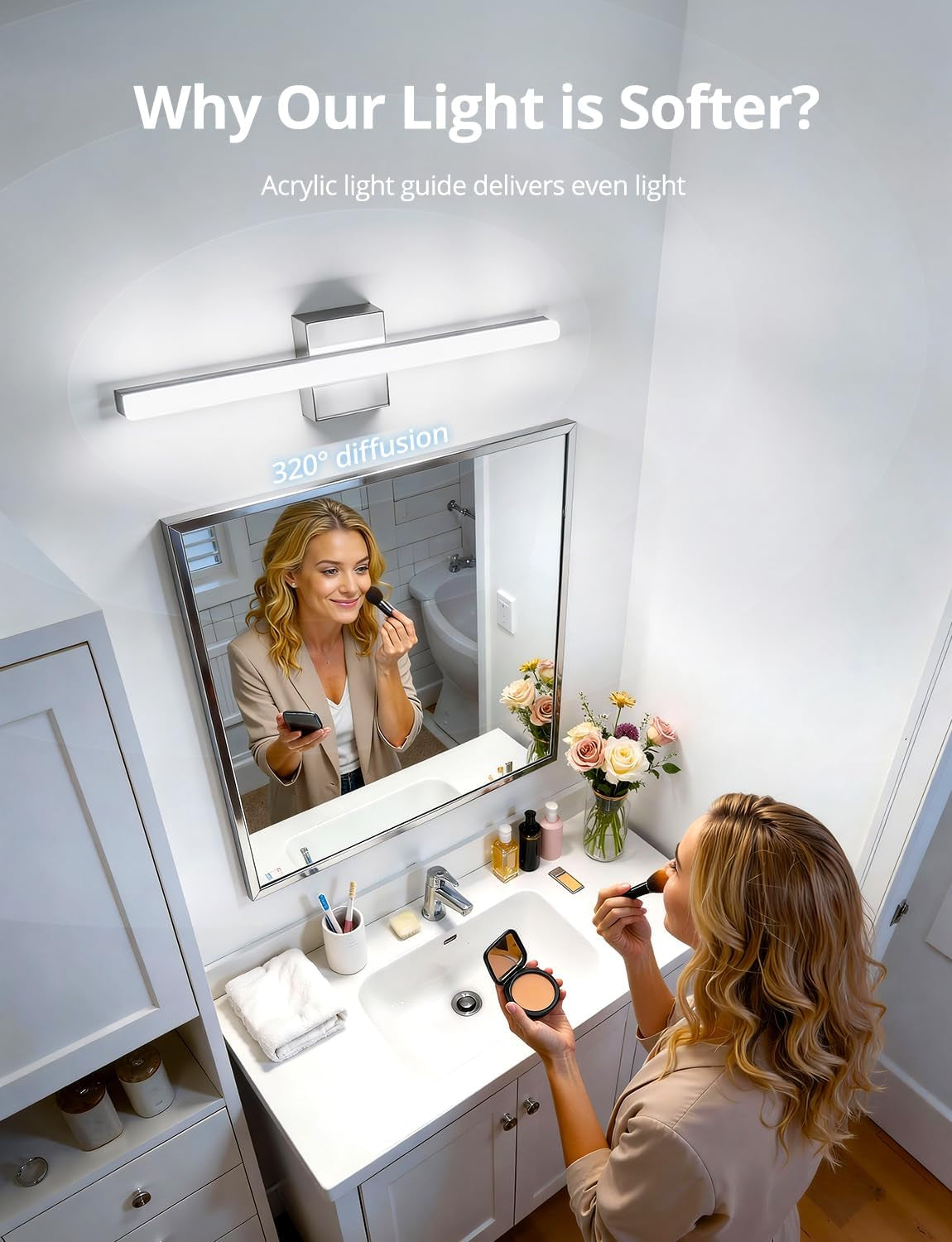 24 Inch Vanity Lights above Mirror Modern Gentle Lighting Bar for Bathroom, LED Lámparas Para Baño Sobre Espejo Modernas Chrome Long Restroom Lamp Fixtures for Makeup Daylight 6000K