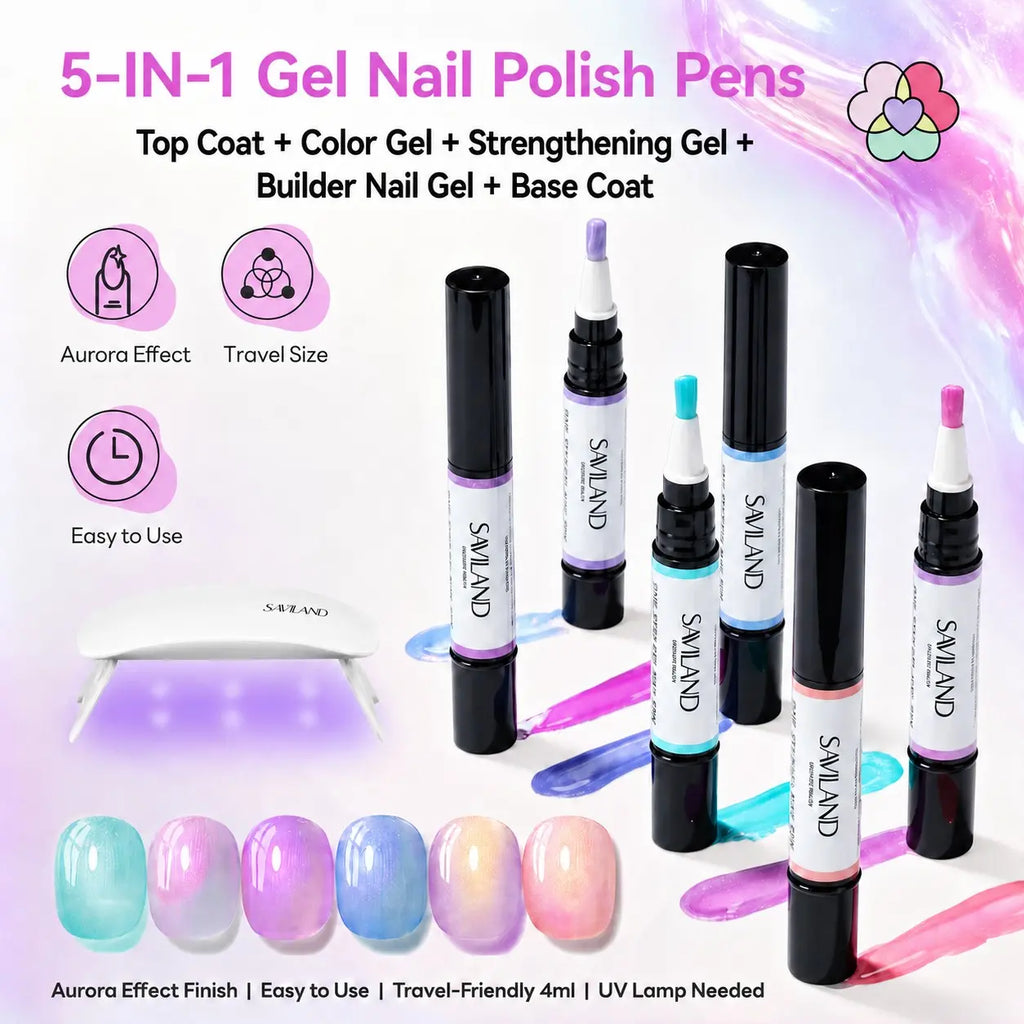 SAVILAND 5-In-1 Gel Nail Polish Pen, Aurora Effect Gel Nail Pen with Base Color Top Coat in One, Easy Apply UV/LED Curing Nail Polish Pen, Travel-Friendly No-Mess Manicure for DIY Nail Art