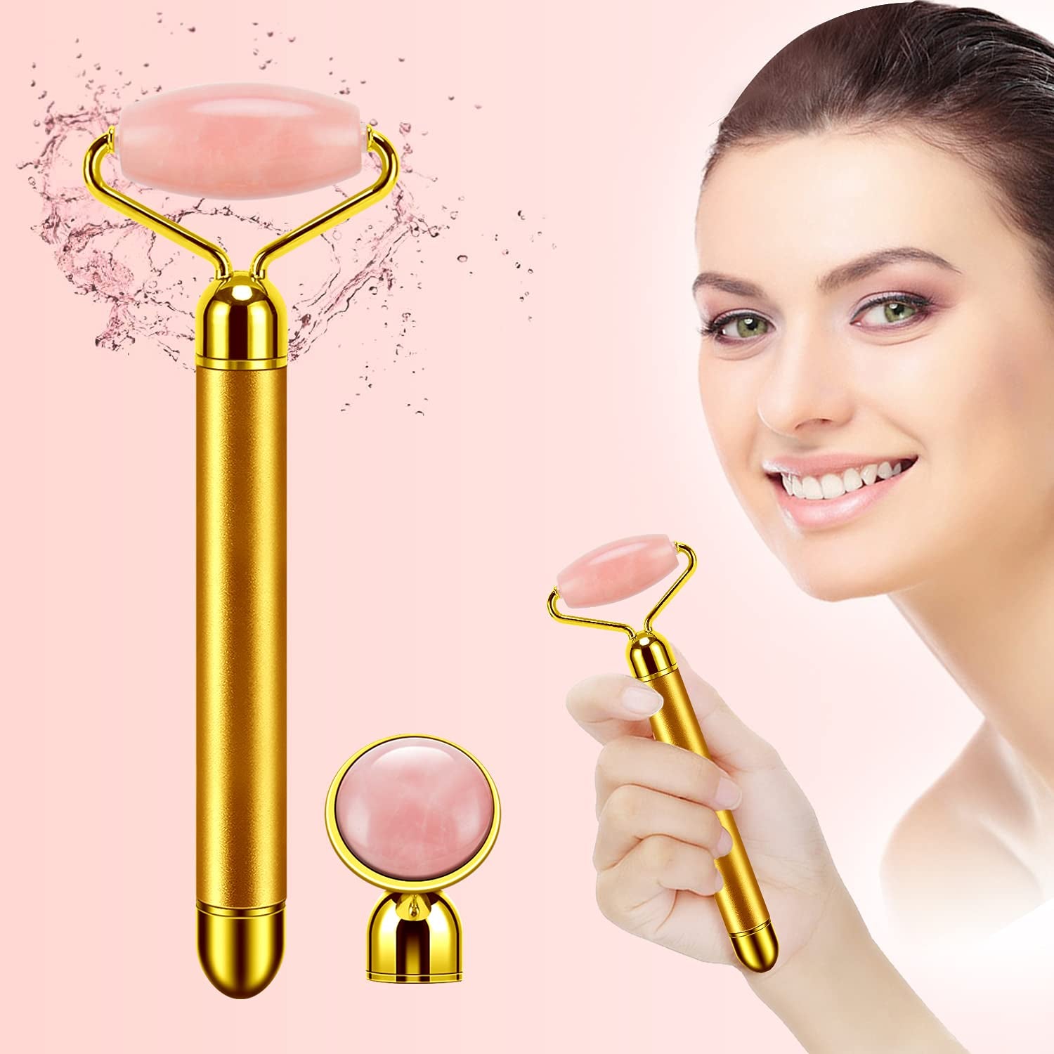 2-In-1 Electric Jade Roller Massager Facial Roller & Face Massager, Rose Quartz