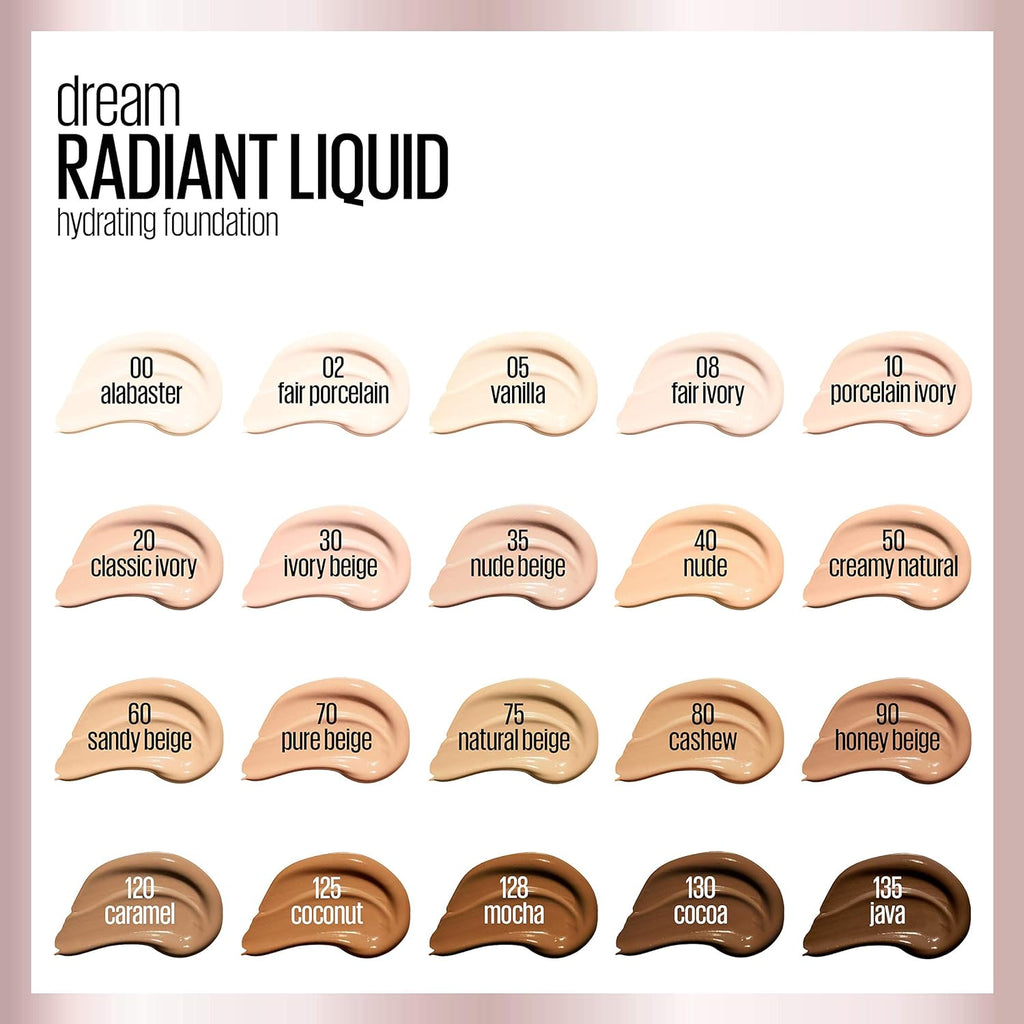 Maybelline Dream Radiant Liquid Medium Coverage Hydrating Makeup, Lightweight Liquid Foundation, Creamy Natural, 1 Count