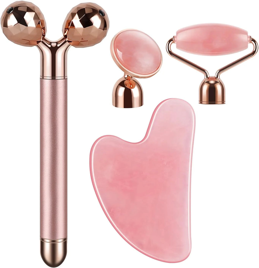4-In-1 Face Massager and Gua Sha Set for Women, Rose Quartz Face Roller Skin Care Tools Electric Eye Massager Tool for Face Skin Roller