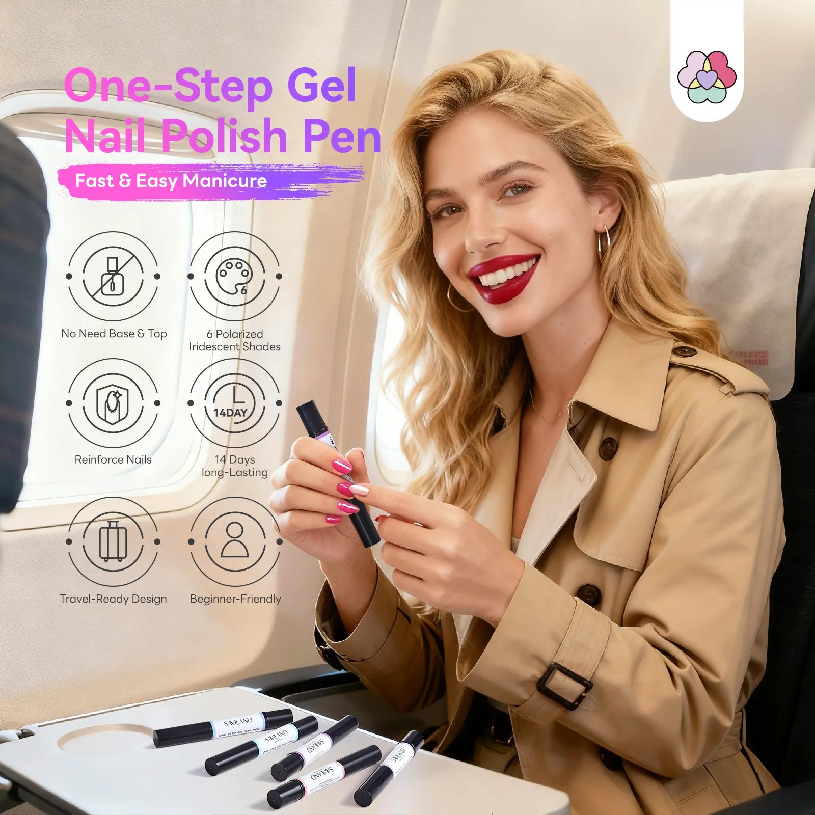 SAVILAND 5-In-1 Gel Nail Polish Pen, Aurora Effect Gel Nail Pen with Base Color Top Coat in One, Easy Apply UV/LED Curing Nail Polish Pen, Travel-Friendly No-Mess Manicure for DIY Nail Art