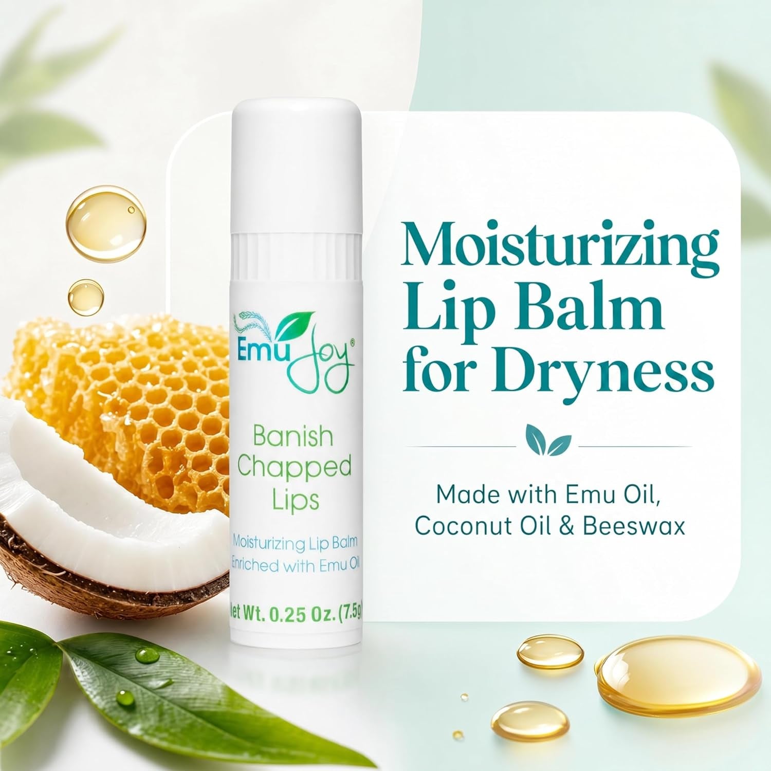 Banish Chapped Lips Moisturizing Lip Balm | Emu Oil, Coconut Oil & Beeswax | Petroleum Free, Paraben Free, Unscented | All Ages | 0.25 Oz