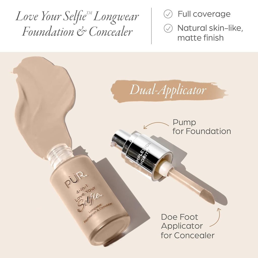 PÜR MINERALS 4-In-1 Love Your Selfie Foundation & Concealer - Longwear Medium-To-Full Coverage Liquid Makeup Foundation with Hydrating Blend for Refined-Looking, Natural Beauty Glow & Skin Texture