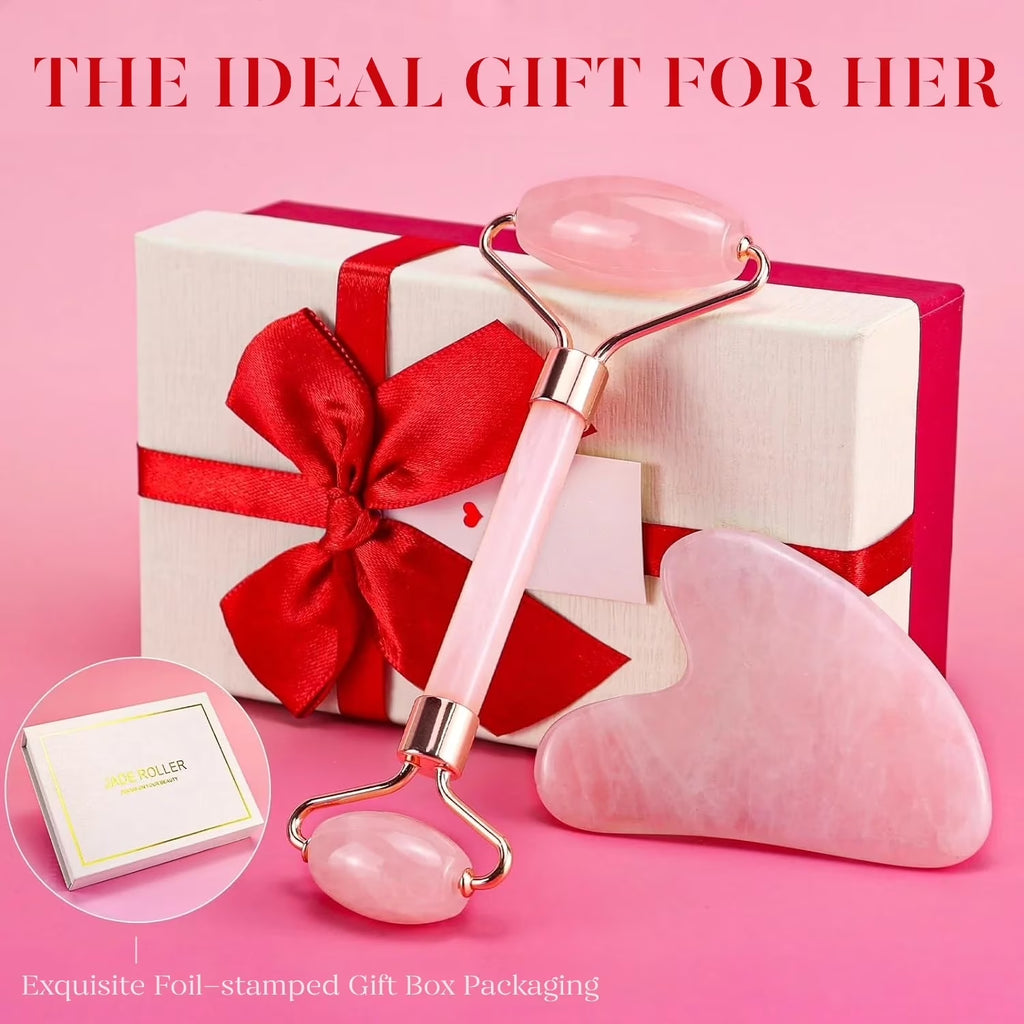 Jade Roller & Gua Sha Set – Rose Quartz Facial Massager for Reducing Redness, Fine Lines & Wrinkles, Perfect Self-Care Gift