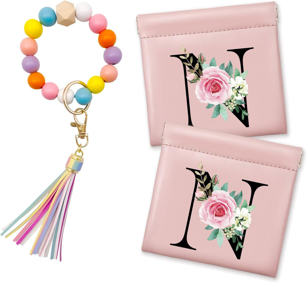 2Pcs Personalized Small Makeup Bag for Purse with Keychain Bracelet, Coin Purse, Christmas Gifts, Initial Personalized Gifts for Women, Mini Cosmetic Bag Lipstick Organizer Pouches(N)