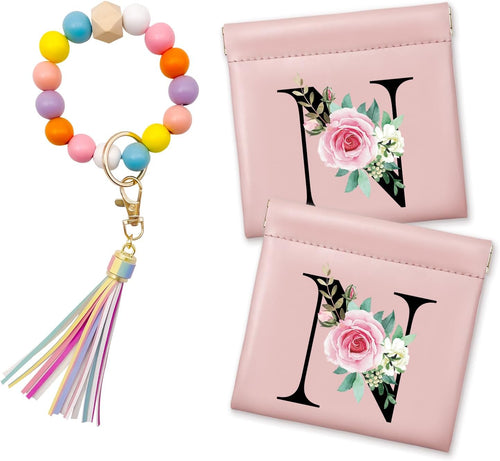 2Pcs Personalized Small Makeup Bag for Purse with Keychain Bracelet, Coin Purse, Christmas Gifts, Initial Personalized Gifts for Women, Mini Cosmetic Bag Lipstick Organizer Pouches(N)
