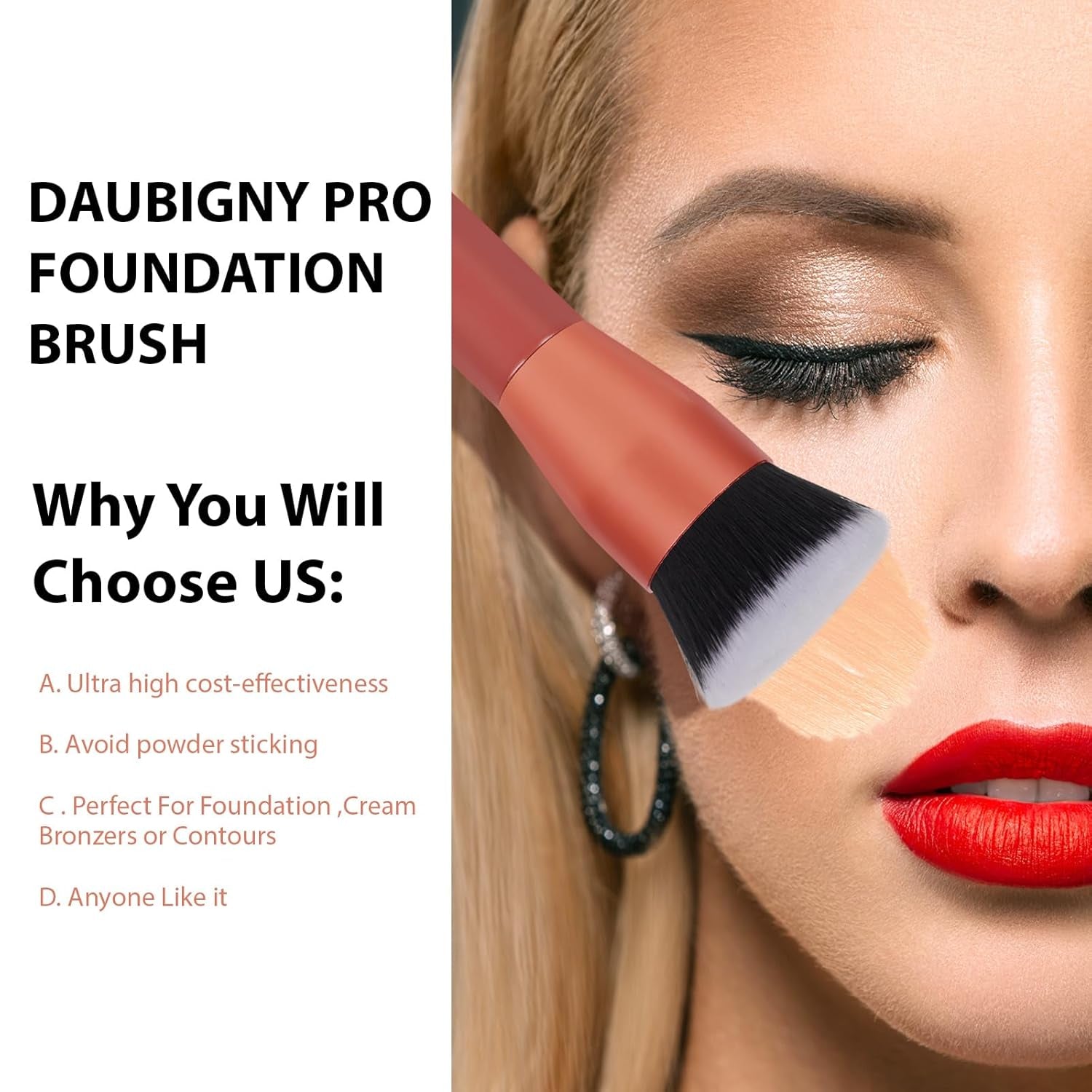 Foundation Brush  1.5" Flat Top Kabuki Brush for Liquid Makeup,Premium Makeup Brush and Pro Flat Kabuki Foundation Brush Perfect for Foundation,Cream,Buffing, Blending (Red)