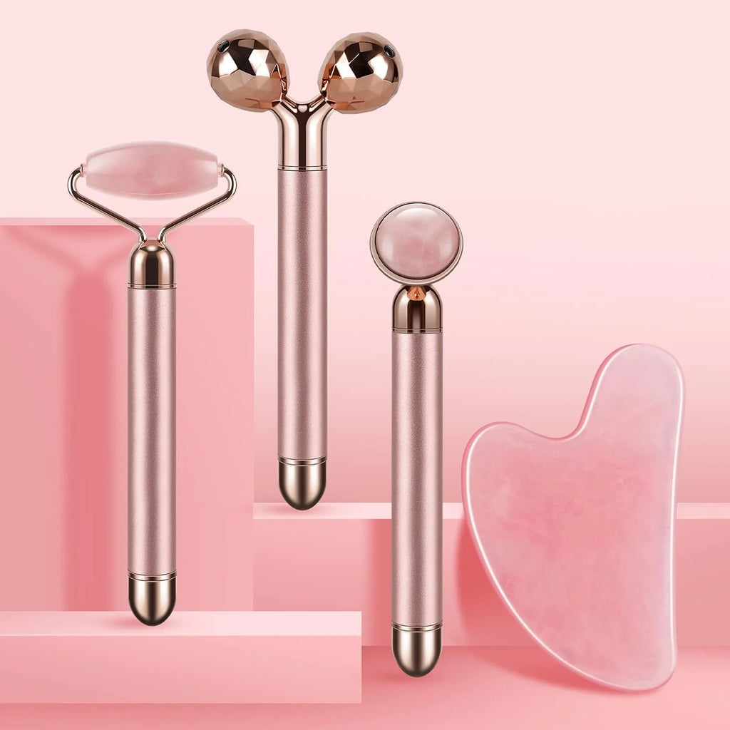 4-In-1 Face Massager and Gua Sha Set for Women, Rose Quartz Face Roller Skin Care Tools Electric Eye Massager Tool for Face Skin Roller