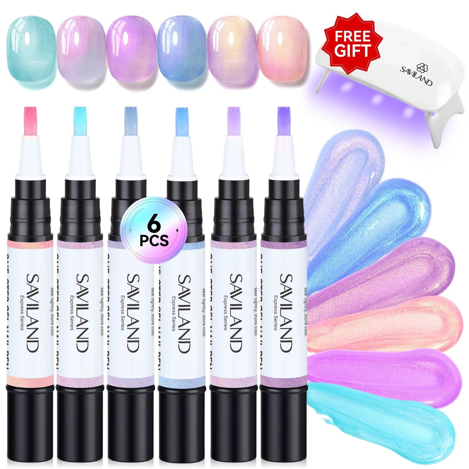 SAVILAND 5-In-1 Gel Nail Polish Pen, Aurora Effect Gel Nail Pen with Base Color Top Coat in One, Easy Apply UV/LED Curing Nail Polish Pen, Travel-Friendly No-Mess Manicure for DIY Nail Art