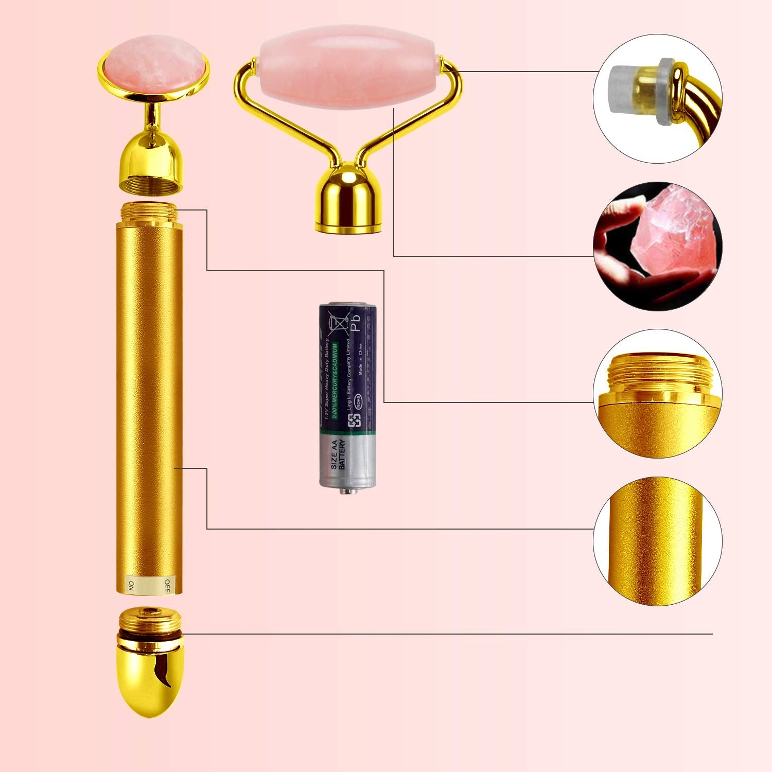 2-In-1 Electric Jade Roller Massager Facial Roller & Face Massager, Rose Quartz