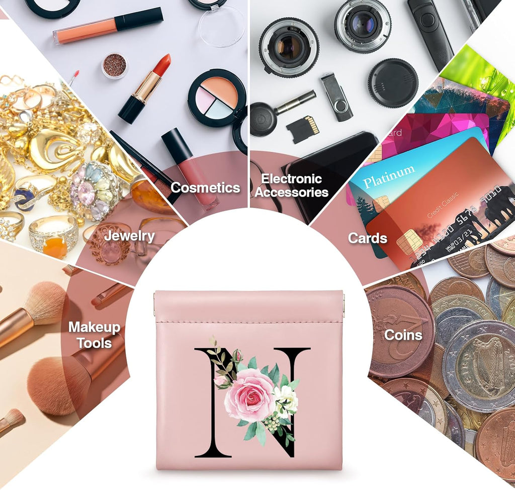 2Pcs Personalized Small Makeup Bag for Purse with Keychain Bracelet, Coin Purse, Christmas Gifts, Initial Personalized Gifts for Women, Mini Cosmetic Bag Lipstick Organizer Pouches(N)