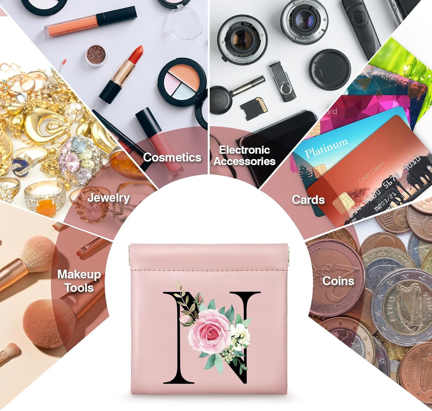 2Pcs Personalized Small Makeup Bag for Purse with Keychain Bracelet, Coin Purse, Christmas Gifts, Initial Personalized Gifts for Women, Mini Cosmetic Bag Lipstick Organizer Pouches(N)